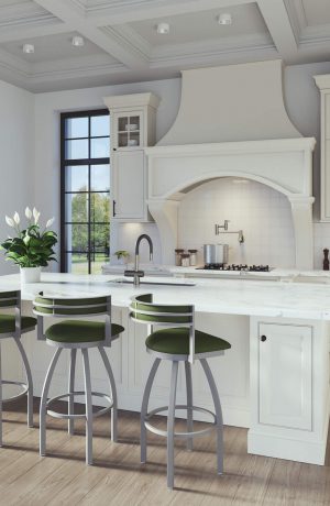 Holland's Artemis Metal Swivel Bar Stools in Green in Large Kitchen
