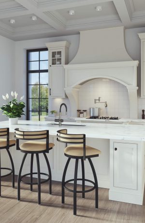 Holland's Artemis Metal Swivel Bar Stools in Tan in Large Kitchen
