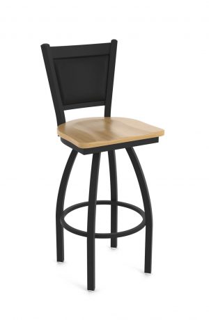 Holland's Hadleigh Black Swivel Stool in Black Vinyl Upholstered Back and Natural Wood Seat