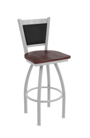 Holland's Hadleigh Silver Swivel Bar Stool with Black Back Cushion and Wood Seat