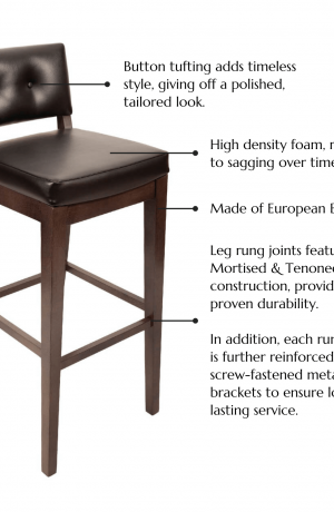 Features: Button tufting adds timeless style, giving off a polished, tailored look, High density foam, resistant to sagging over time, Made of European Beechwood, Leg rung joints feature Mortised & Tenoned glued construction, providing proven durability. In addition, each rung joint is further reinforced by screw-fastened metal brackets to ensure long lasting service.