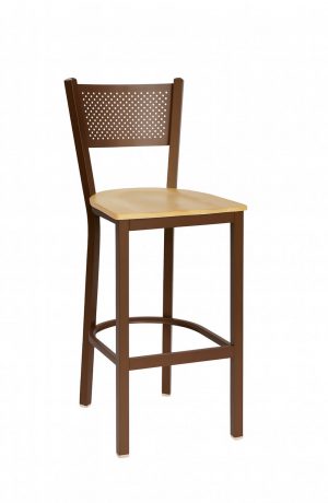 Trendler's Bronze Metal Bar Stool with Mesh Back and Natural Wood Seat