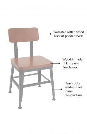 Features: Available with a wood back or padded back, heavy duty welded steel construction.