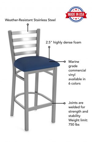 Featuring weather resistant Stainless Steel, 2.5" highly dense foam, marine grade commercial vinyl available in 6 colors, and joints are welded for strength and stability. The weight limit on this bar stool is 750 lbs.