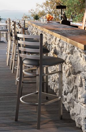 Holland's Outdoor Jackie Stainless Steel Bar Stools on Outdoor Patio Deck