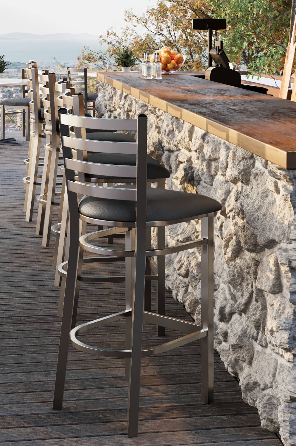 Holland's Outdoor Jackie Stainless Steel Bar Stools on Outdoor Patio Deck