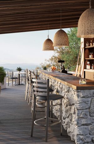 Holland's Outdoor Jackie Stainless Steel Bar Stools and Chairs on Outdoor Patio Deck