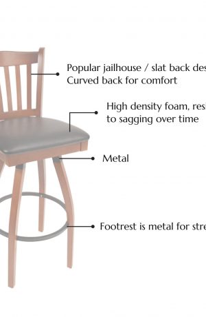 Features popular jailhouse / slat back design, curved back for comfort, high density foam that resists sagging over time. Footrest is metal for strength.