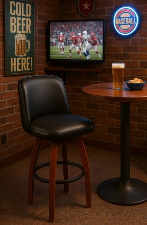 Trendler's Americana Black Swivel Wood Bar Stool in Mancave with Pub Table