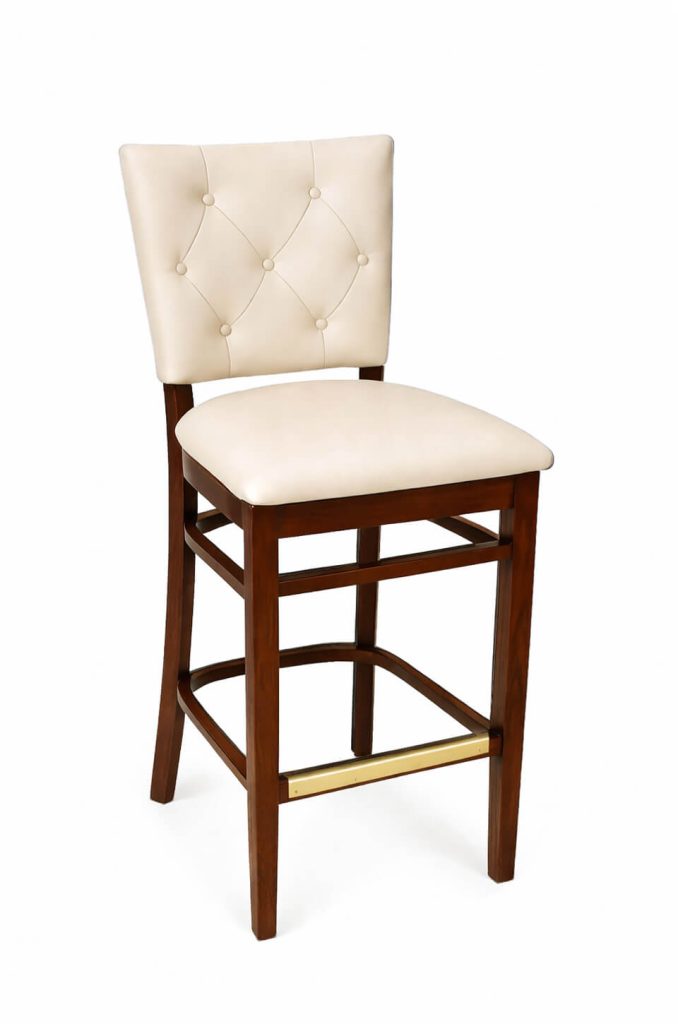 Trendler's Blanca Cream Vinyl Tufted Bar Stool in Walnut Finish with Brass Metal Footplate