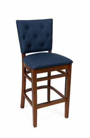 Trendler's Blanca Walnut Wood Bar Stool with Blue Seat and Back Fabric and Button Tufting