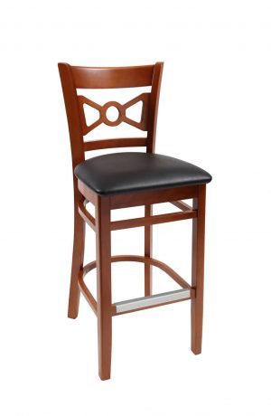 Trendler's Cleo Cherry Wood Bar Stool with Bowtie Back and Black Vinyl with Aluminum Footplate