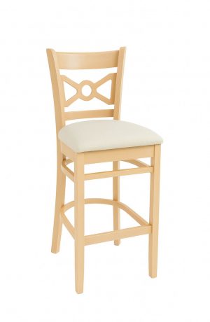 Trendler's Cleo Natural Wood Bar Stool with Bowtie Back and Cream Seat Cushion