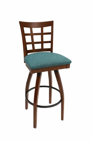 Trendler's Mahogany Wood Swivel Bar Stool with Lattice Back and Teal Fabric