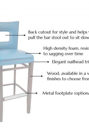 Features: Back cutout for style and helps you pull the bar stool out to sit down, High density foam, resistant to sagging over time, Elegant nailhead trim, Wood, available in a variety of finishes to choose from.