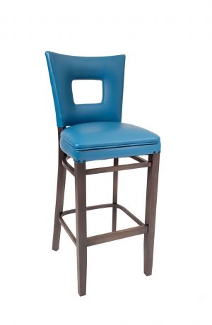 Trendler's Rachael Wood Bar Stool with Blue Seat and Back Cushion with Nailhead Trim