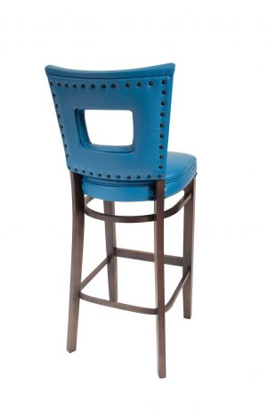Trendler's Rachael Wood Bar Stool with Blue Seat and Back Cushion with Nailhead Trim - Back Side