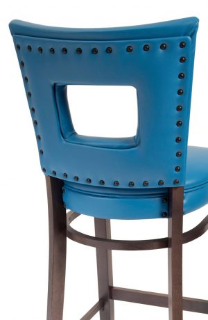 Trendler's Rachael Wood Bar Stool with Blue Seat and Back Cushion with Nailhead Trim - Back Side - Close Up