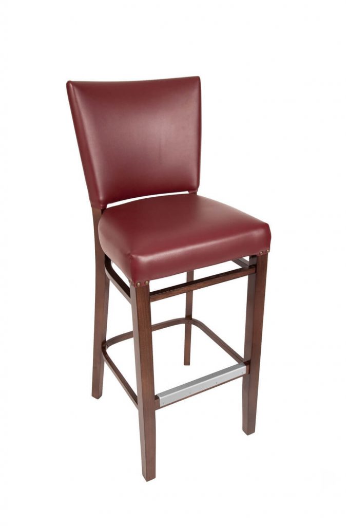 Trendler's Santos Wood Red Upholstered Bar Stool with Nailhead Trim with Aluminum Metal Footplate