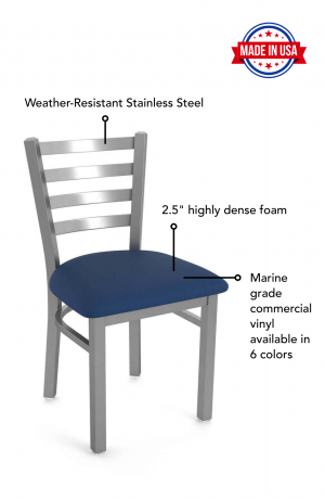 Featuring weather resistant Stainless Steel, 2.5" highly dense foam, marine grade commercial vinyl available in 6 colors. The weight limit on this bar stool is 750 lbs.