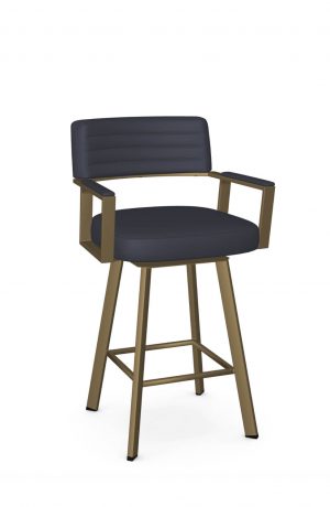 Amisco's Albert Gold Swivel Bar Stool with Arms and Blue Upholstery