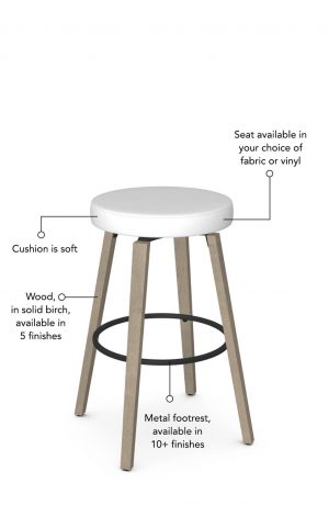 The seat is available in your choice of fabric or vinyl (free samples available!). The seat cushion is soft. This bar stool is made of solid birch wood and is available in 5 finishes.