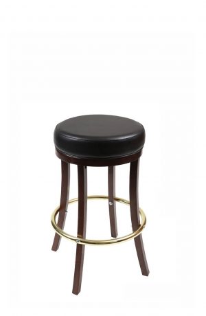 Trendler's 1108 Wood Backless Round Bar Stool with Black Seat and Brass Metal Footplate