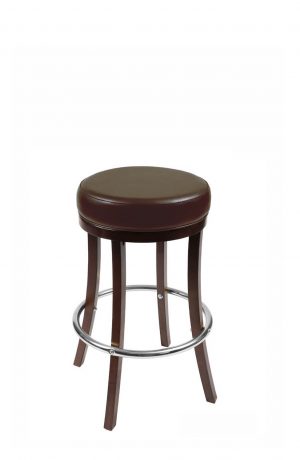 Trendler's 1108 Wood Backless Round Bar Stool with Brown Seat and Silver Metal Footplate