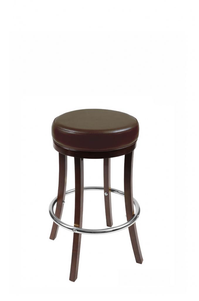 Trendler's 1108 Wood Backless Round Bar Stool with Brown Seat and Silver Metal Footplate