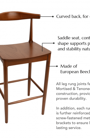 Curved back, for comfort, saddle seat, contoured shape supports posture and stability naturally, made of European Beechwood