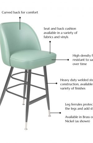 Featuring a curved back for comfort. Seat and back cushion is available in a variety of fabrics and vinyls. The seat is made of high density foam which resists sagging over time. The frame is made of heavy duty welded steel and is available in a variety of finishes. Leg ferrules protect the legs and add style. They're available in Brass or Nickel (as shown).