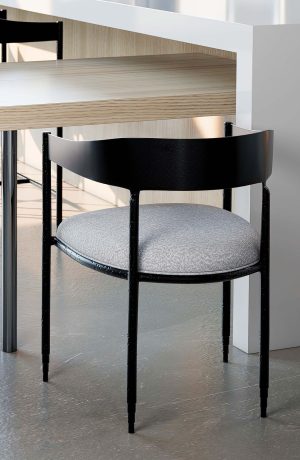 Wesley Allen's Lorenzo Black Modern Dining Chairs with Arms in Kitchen - Back View