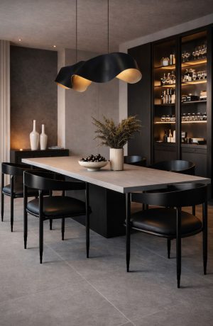 Wesley Allen's Lorenzo Modern Black Dining Chairs in Dark Dining Room