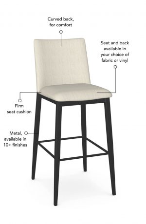 Features curved back for comfort, seat and back available in your choice of fabric or vinyl, firm seat cushion, and made of metal which is available in 10+ finishes.