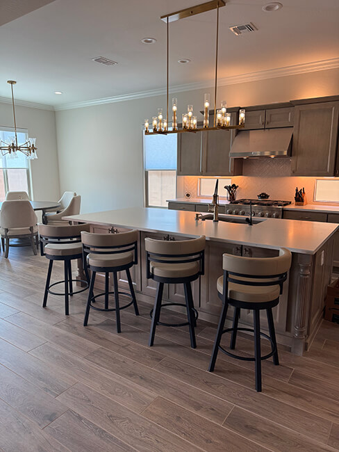 Amisco's Ronny Black Swivel Bar Stools in Modern Brown Kitchen