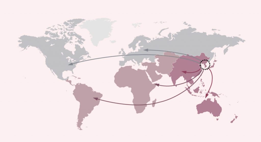 World map showing the distance from China to the United States