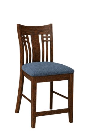 Simply Amish's Bradley Dark Brown Wood Bar Stool with Back (Mocha Nut) and Blue Fabric