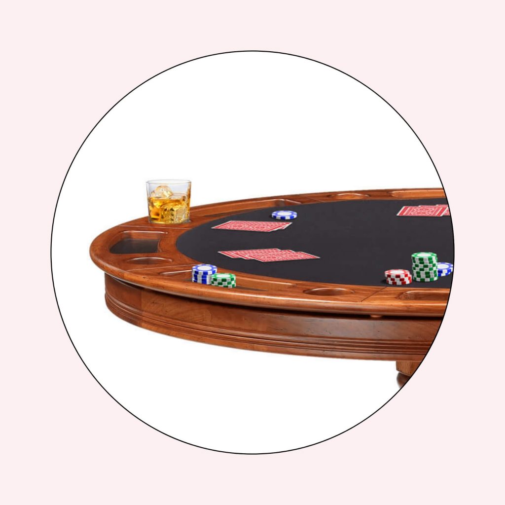 Poker table with drink holder showing glass drink