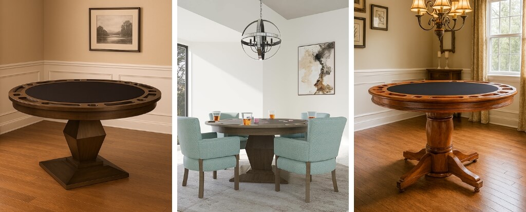 Custom Poker Table Options: Featuring the Euclid (left), Euclid Table Set (center), and Algonquin (right)