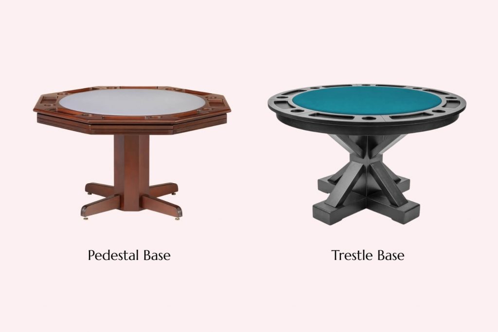 Round poker table with pedestal base (left) vs Round poker table with trestle base (right)