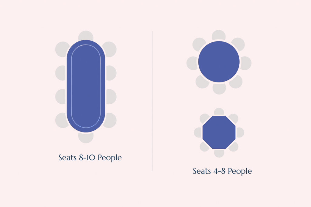 Poker table seating capacity. Oval shape seats 8-10 people. Round and octagon shapes typically seat 4-8 people