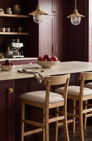 Simply Amish's Albany Natural Wood Bar Stool Low Back in Burgundy Kitchen