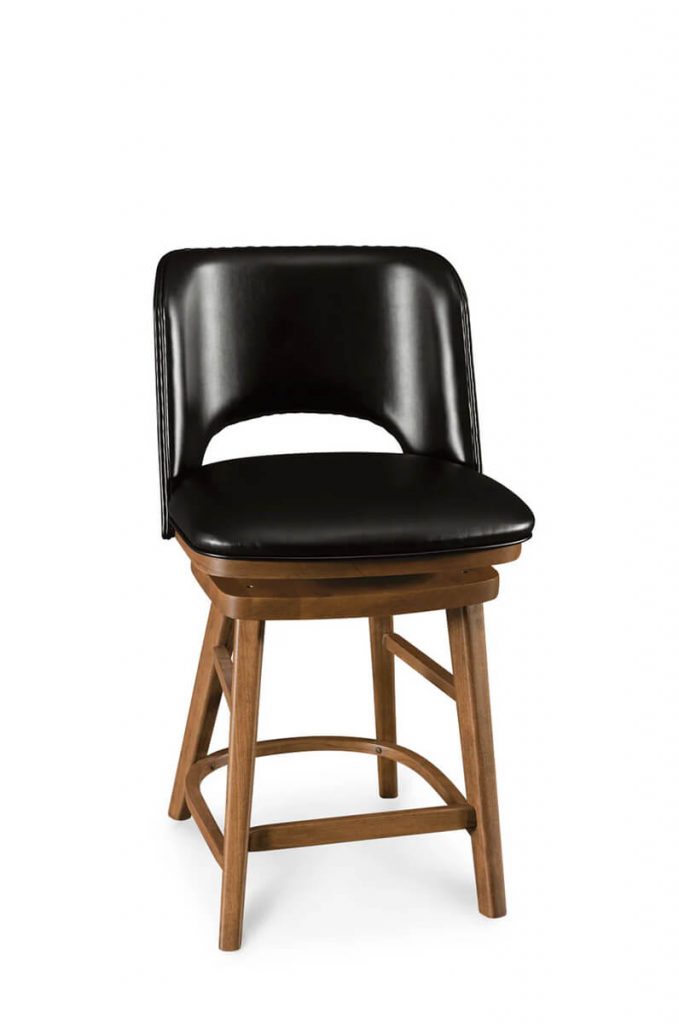 Simply Amish's Broadway Swivel Modern Wood Bar Stool with Upholstered Back in Black Leather