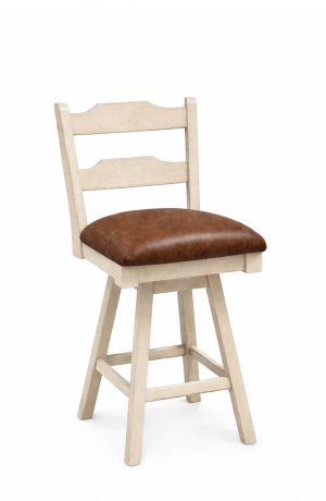 Simply Amish's Rachel Antique White Wood Swivel Bar Stool with Ladder Back and Seat in Leather