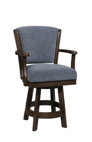 Venture Dark Brown Wood Swivel Bar Stool with Arms Upholstered in Blue
