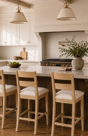 Farmhouse wood bar stools with back in transitional kitchen design