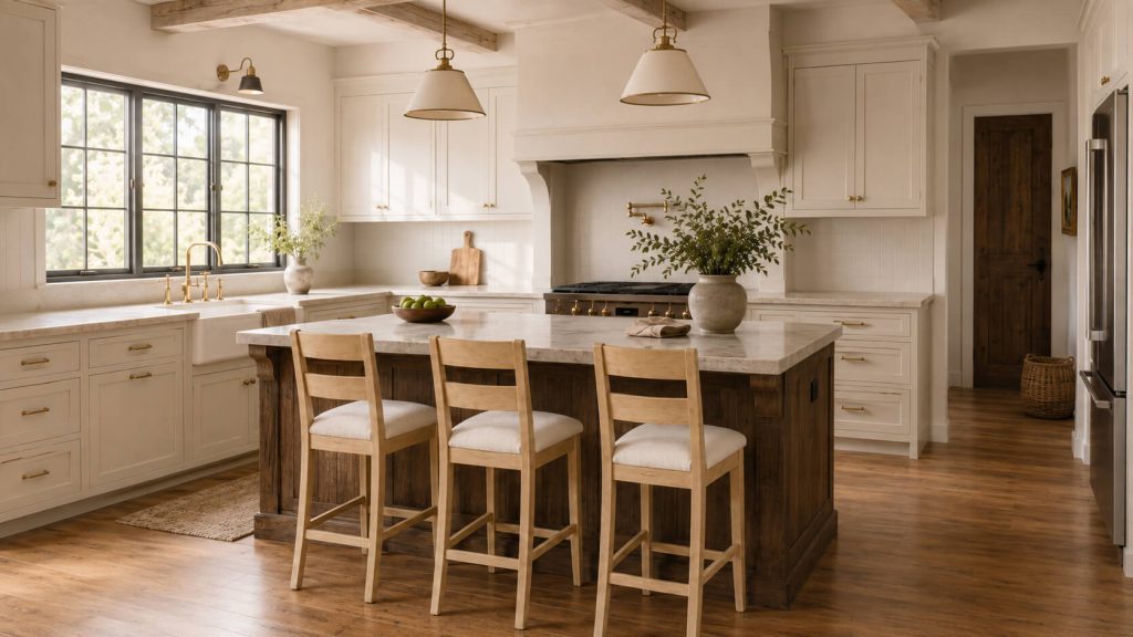 Farmhouse wood bar stools with back in transitional kitchen design - full kitchen design