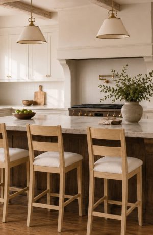Farmhouse wood bar stools with back in transitional kitchen design - full kitchen design