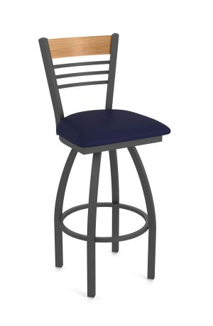 Holland's 880 Eleanor Pewter Swivel Bar Stool with Ladder Back and Blue Seat Cushion