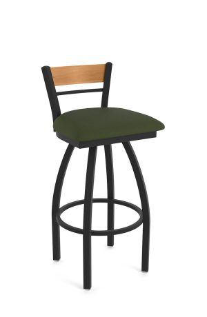 Holland's 881 Revelle Black Swivel Bar Stool with Low Back, Medium Wood, and Green Seat Cushion